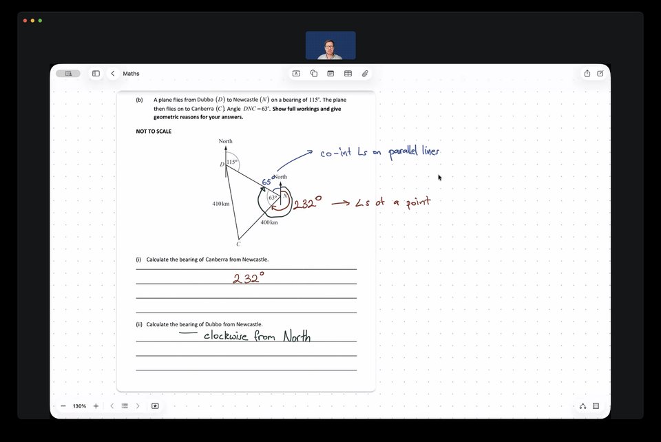 Zoom maths tutoring session: a bearings question worked on a shared whiteboard